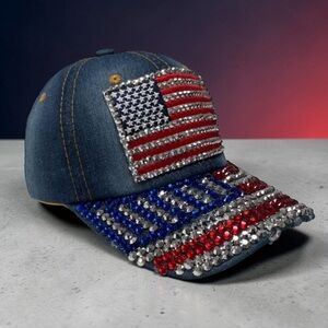 Denim Cap with American Flag and Rhinestones